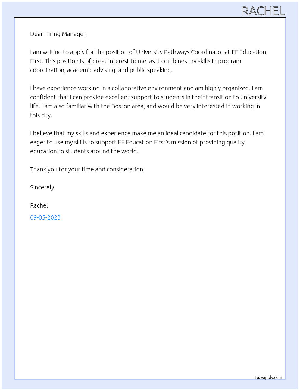 University Pathways Coordinator At EF Education First Cover Letter