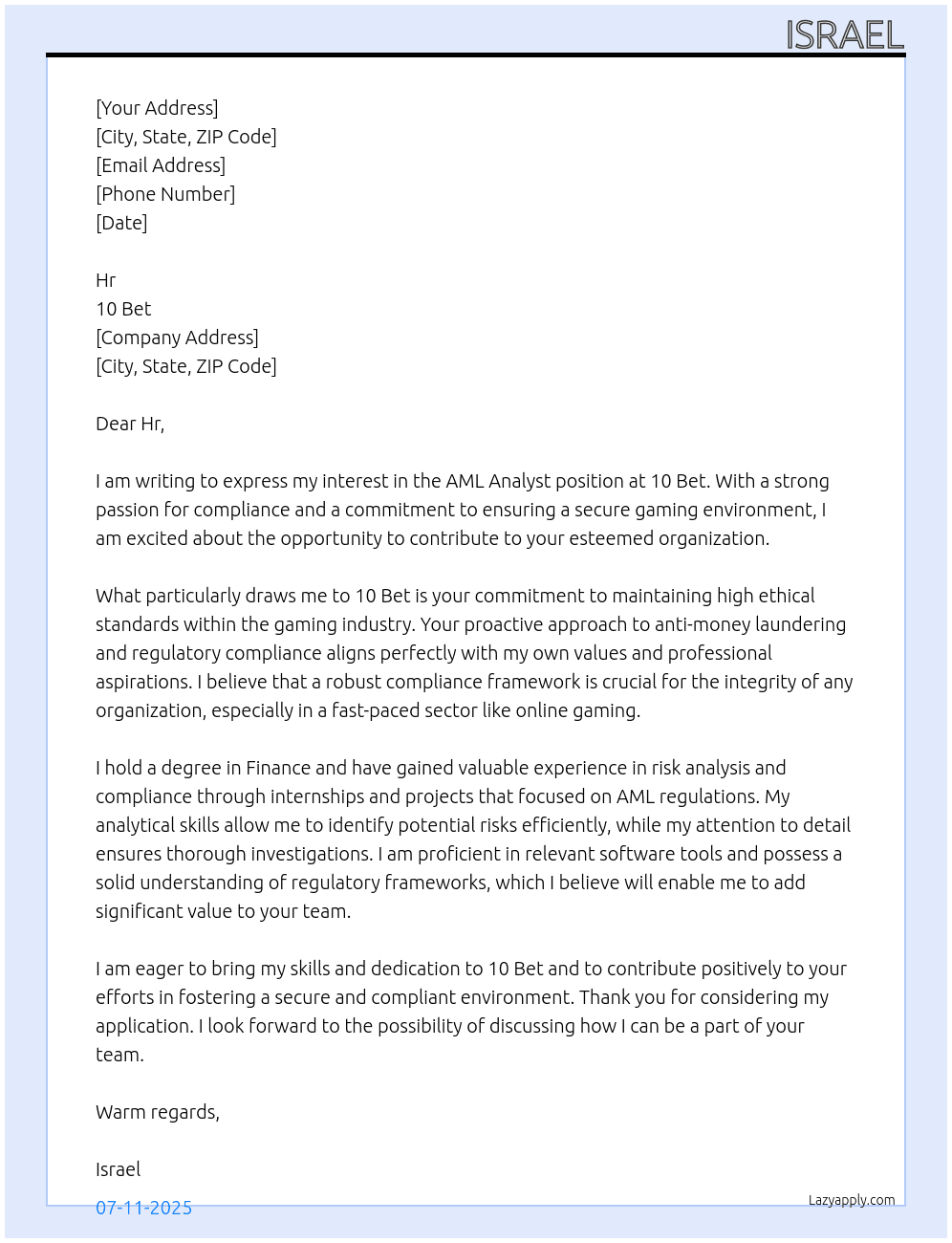 Aml analyst  At 10 bet Cover Letter