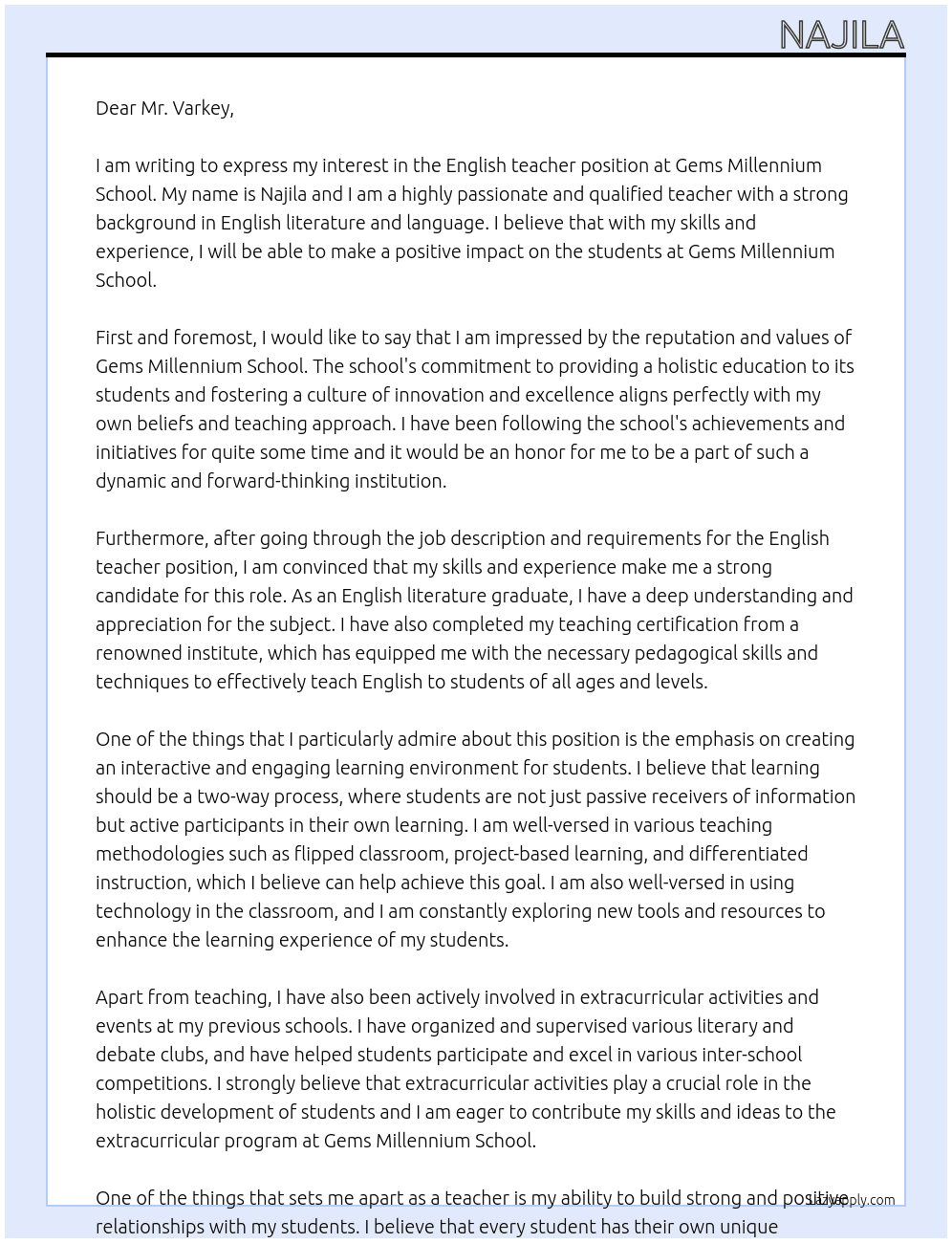 English teacher At Gems millennium school Cover Letter