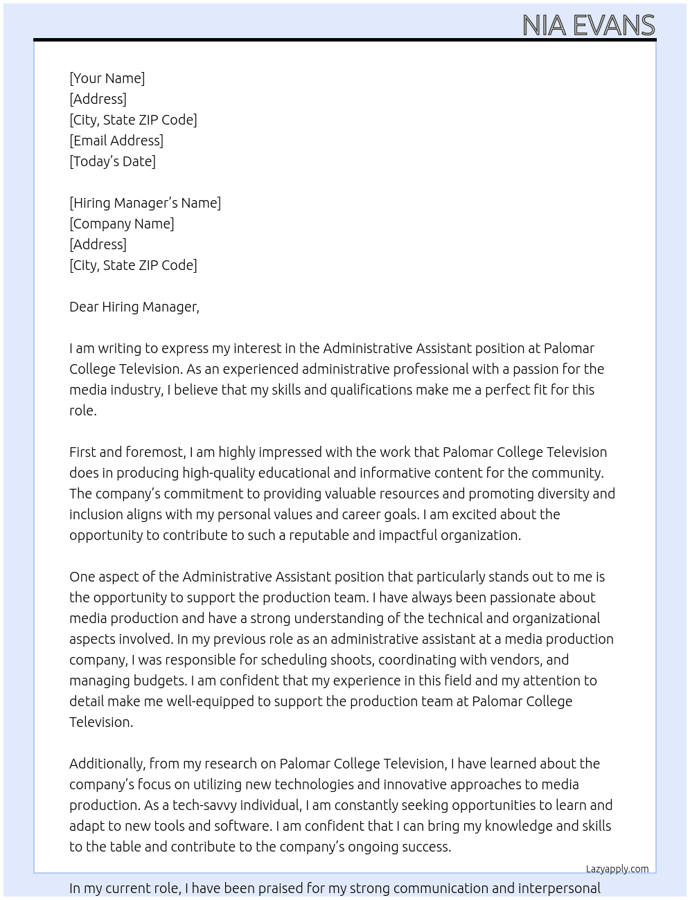Administrative Assistant At Palomar College Television Cover Letter
