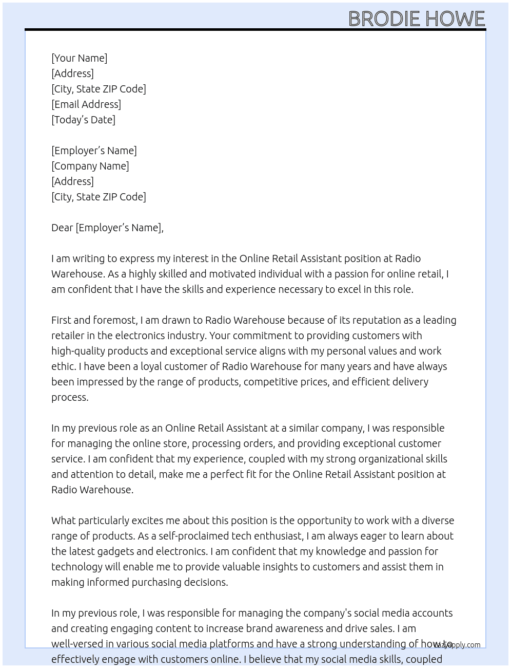 Online Retail Assistant At Radio Warehouse Cover Letter