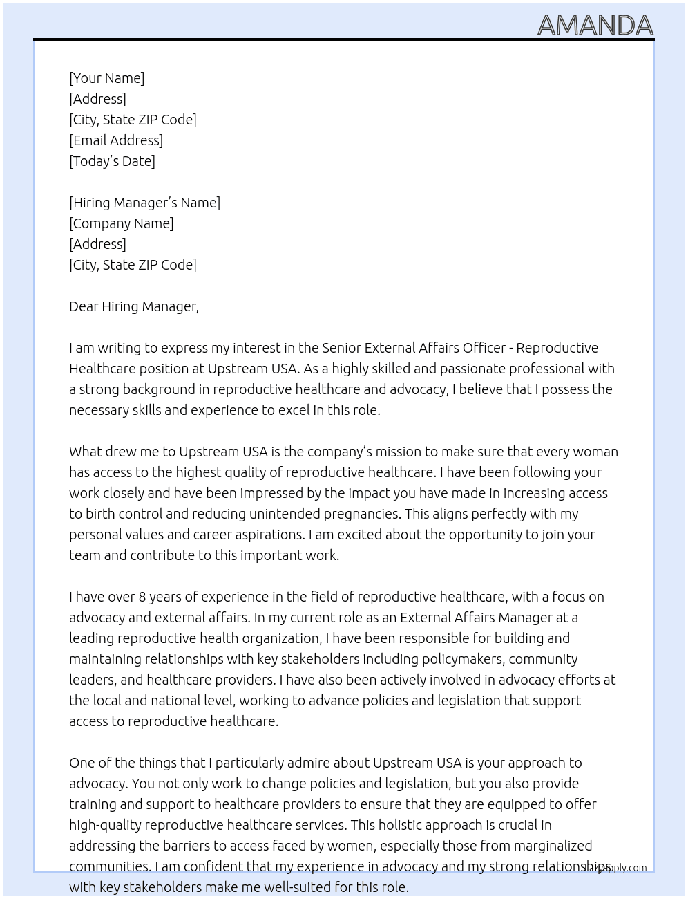 Senior External Affairs Officer - Reproductive Healthcare  At Upstream USA Cover Letter