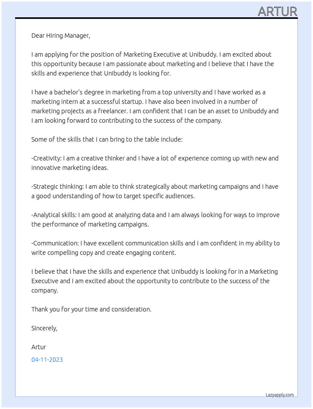 Marketing Executive At Unibuddy Cover Letter