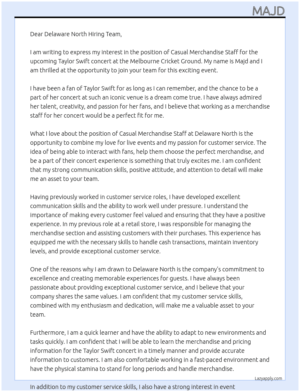 casual merchandise staff - taylor swift, melbourne cricket ground  At Delaware North Cover Letter