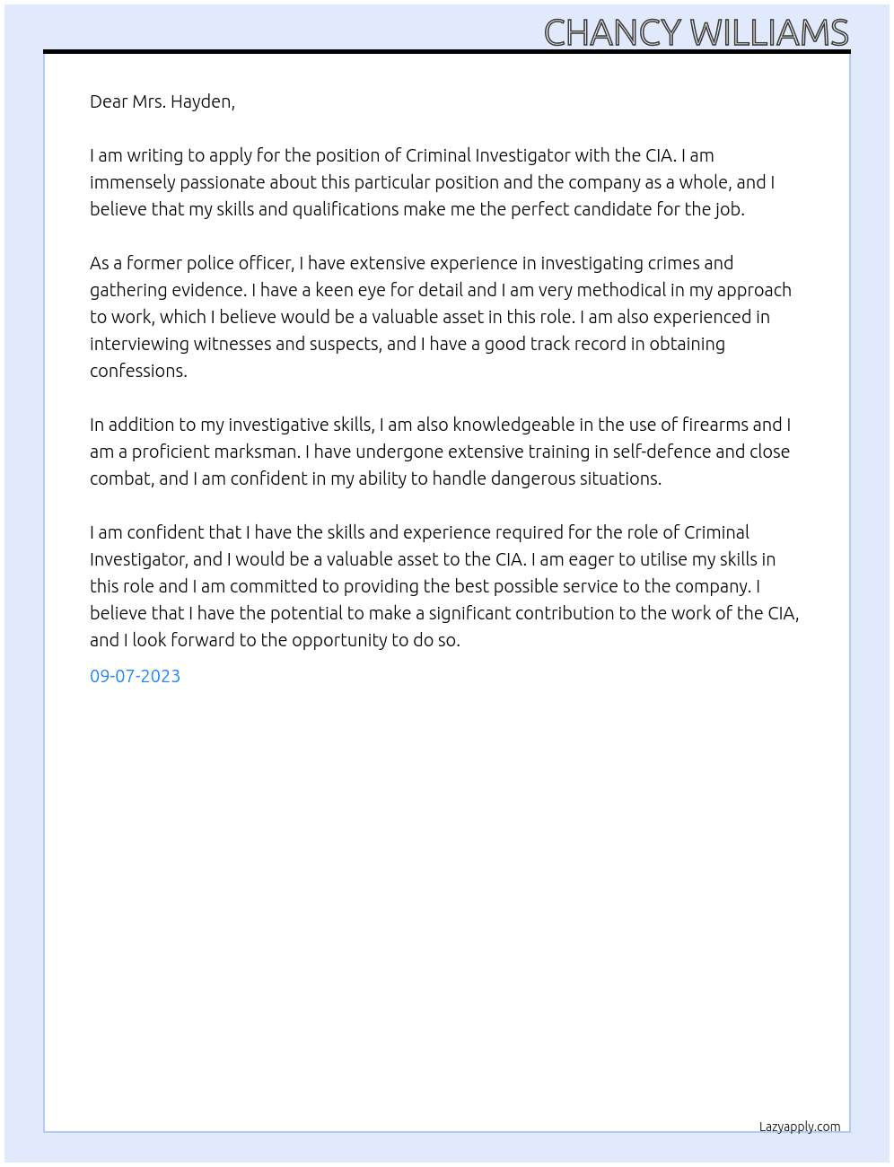 Criminal Investigator At CIA Cover Letter