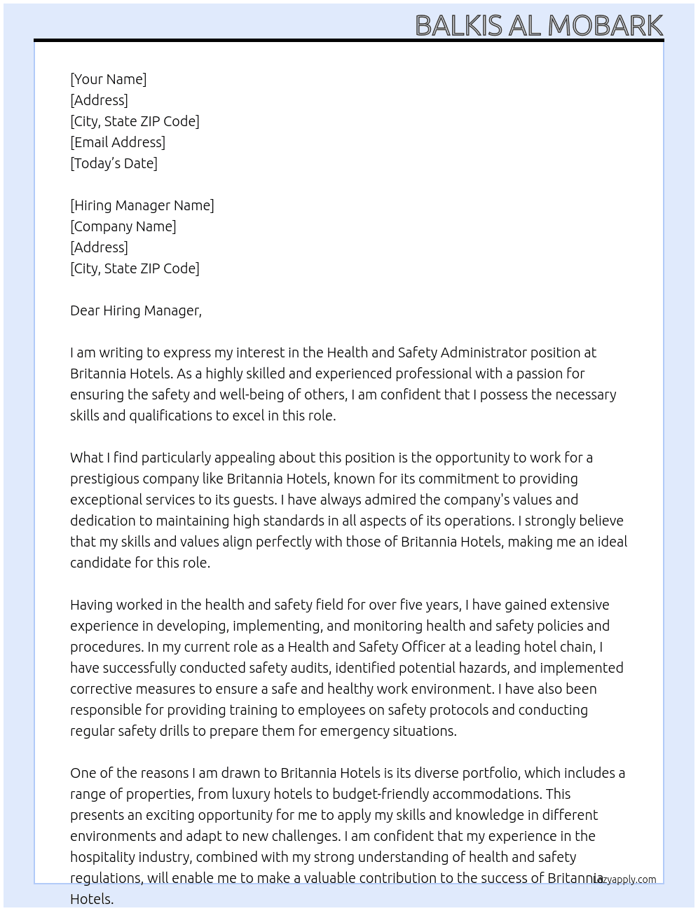 Health and saftey adminstaror At Britannia hotels Cover Letter