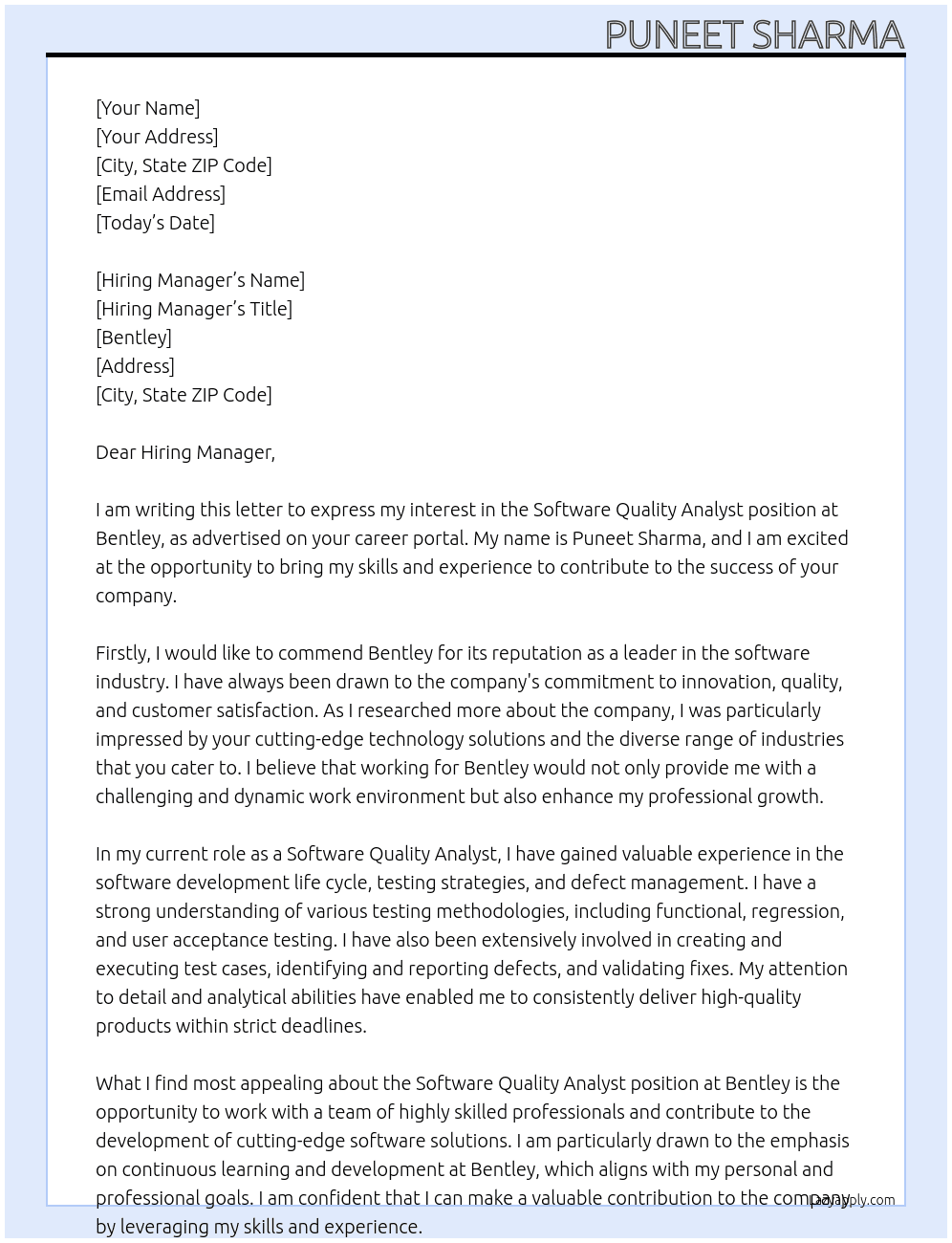 Software Quality Analyst At bentley Cover Letter