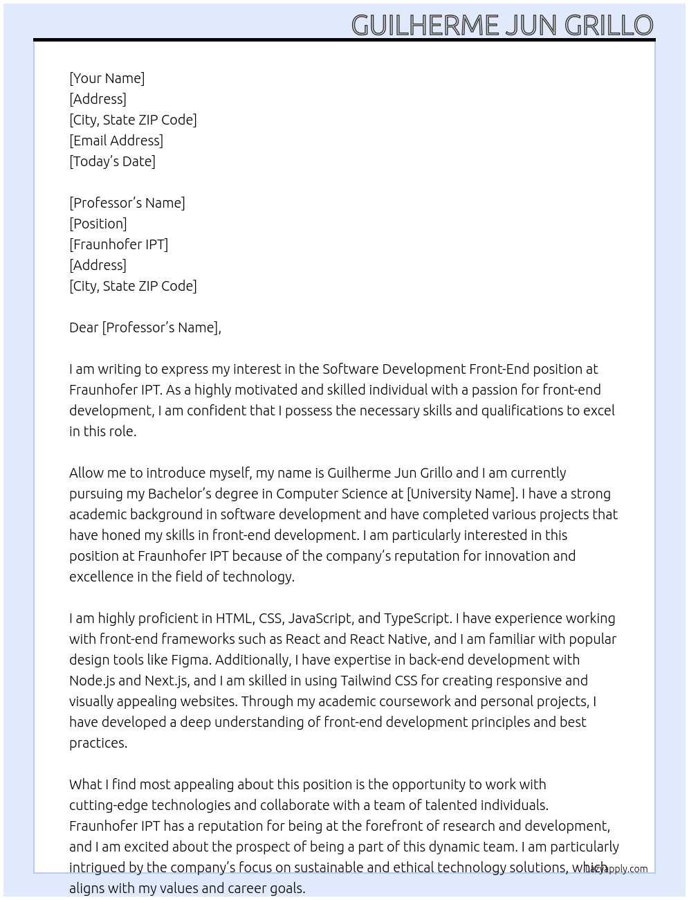Software Development Front-End At Fraunhofer IPT Cover Letter