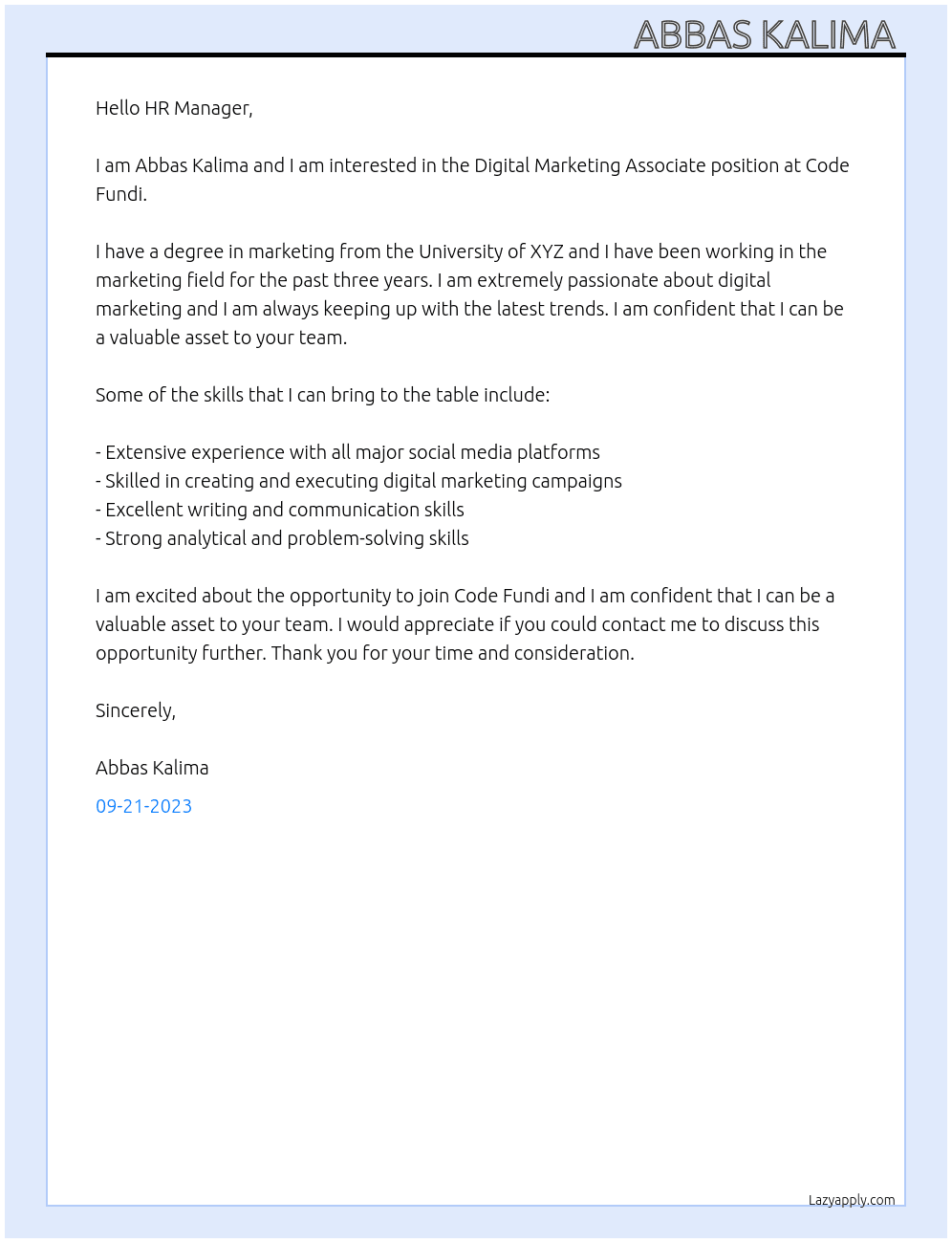 Digital Marketing Associate At Code Fundi Cover Letter