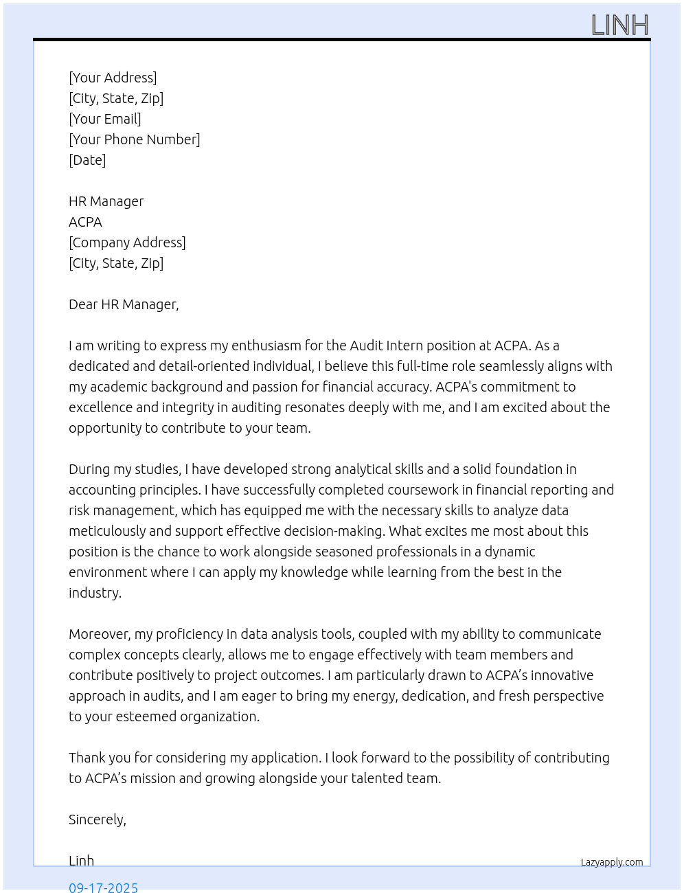 Audit Intern At ACPA Cover Letter