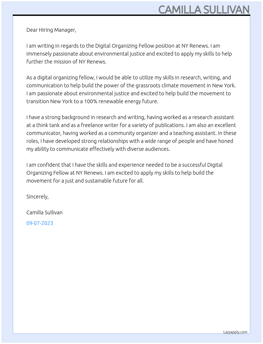 Digital Organizing Fellow At NY Renews Cover Letter