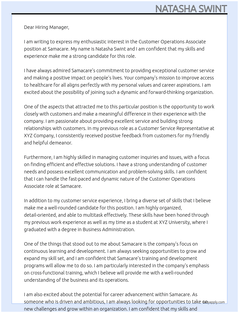 Customer Operations Associate  At Samacare  Cover Letter