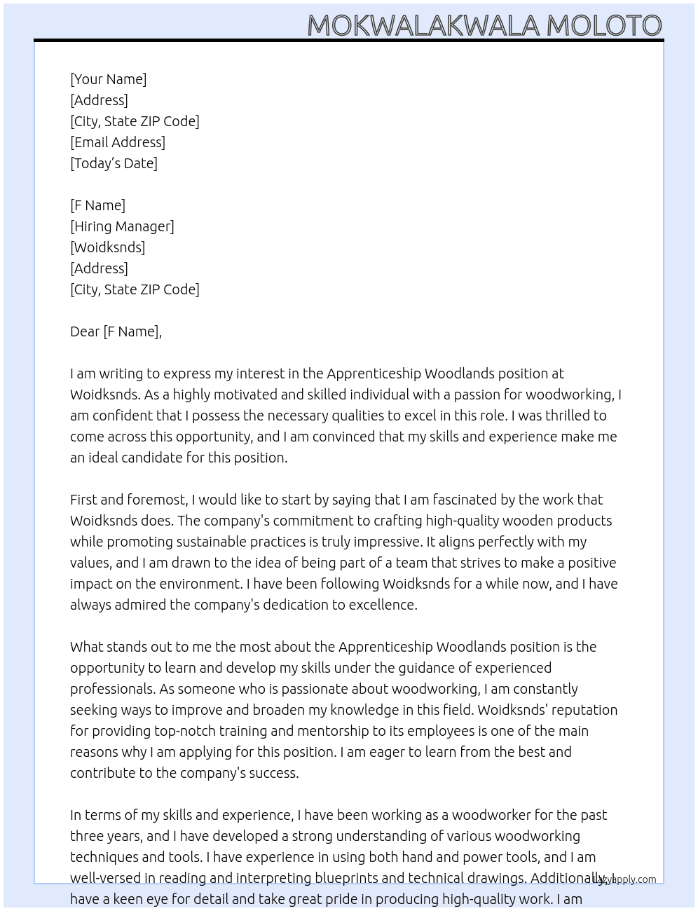 Apprenticeship woodlands  At Woidksnds  Cover Letter