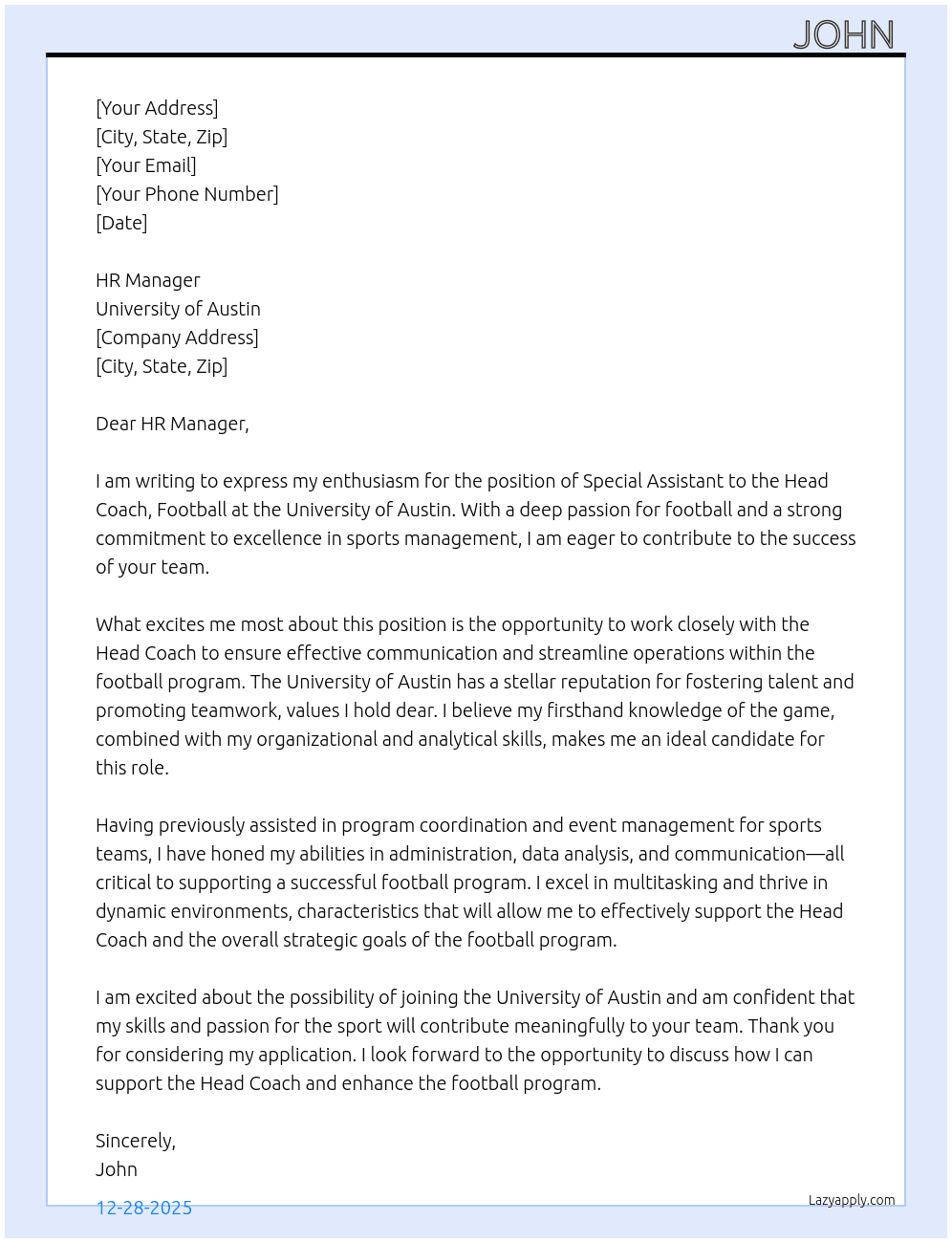 Cover letter for special assistant to the head coach, football - LazyApply
