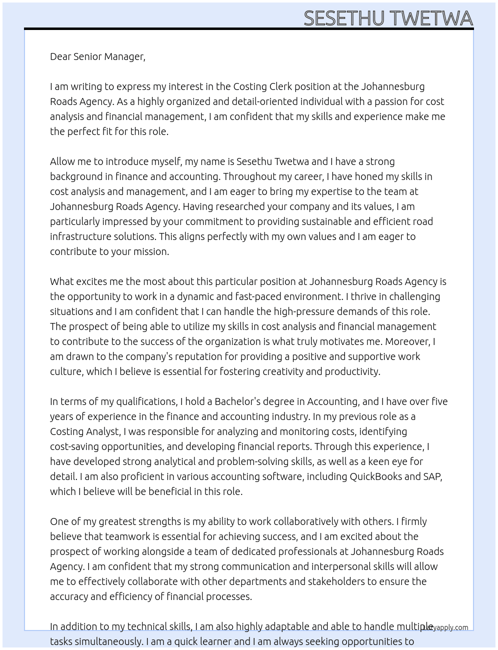 COSTING CLERK At Johannnesburg Roads Agency Cover Letter