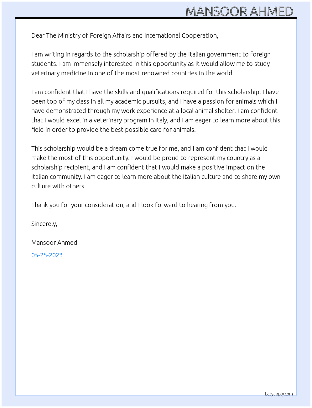 SCHOLARSHIP  At SCHOLARSHIP OFFERED BY THE ITALIAN GOVERNMENT TO FOREIGN student Cover Letter