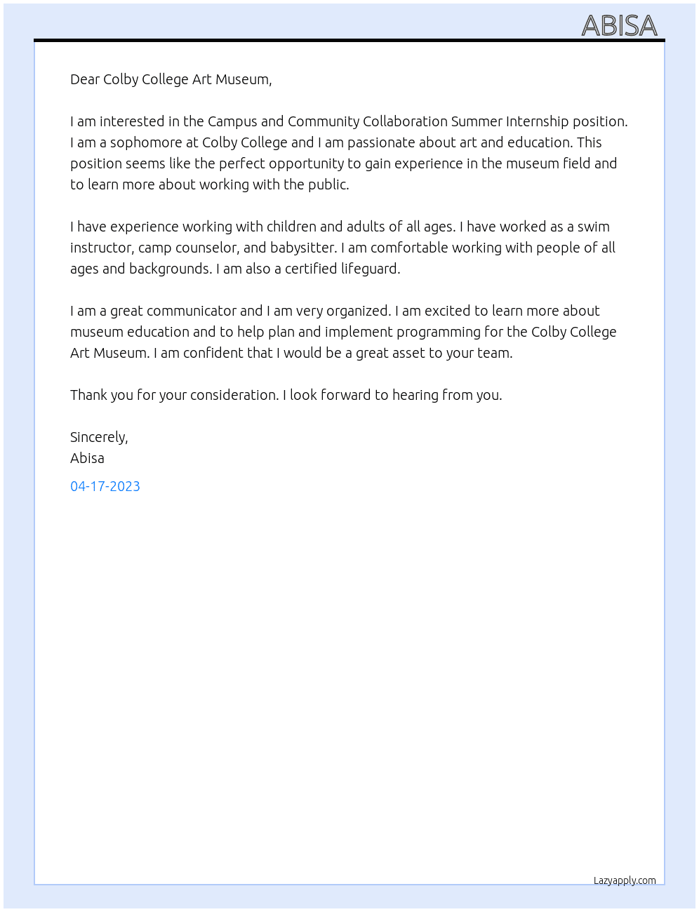Campus and Community Collaboration Summer Internship  At Colby College Art Museum  Cover Letter