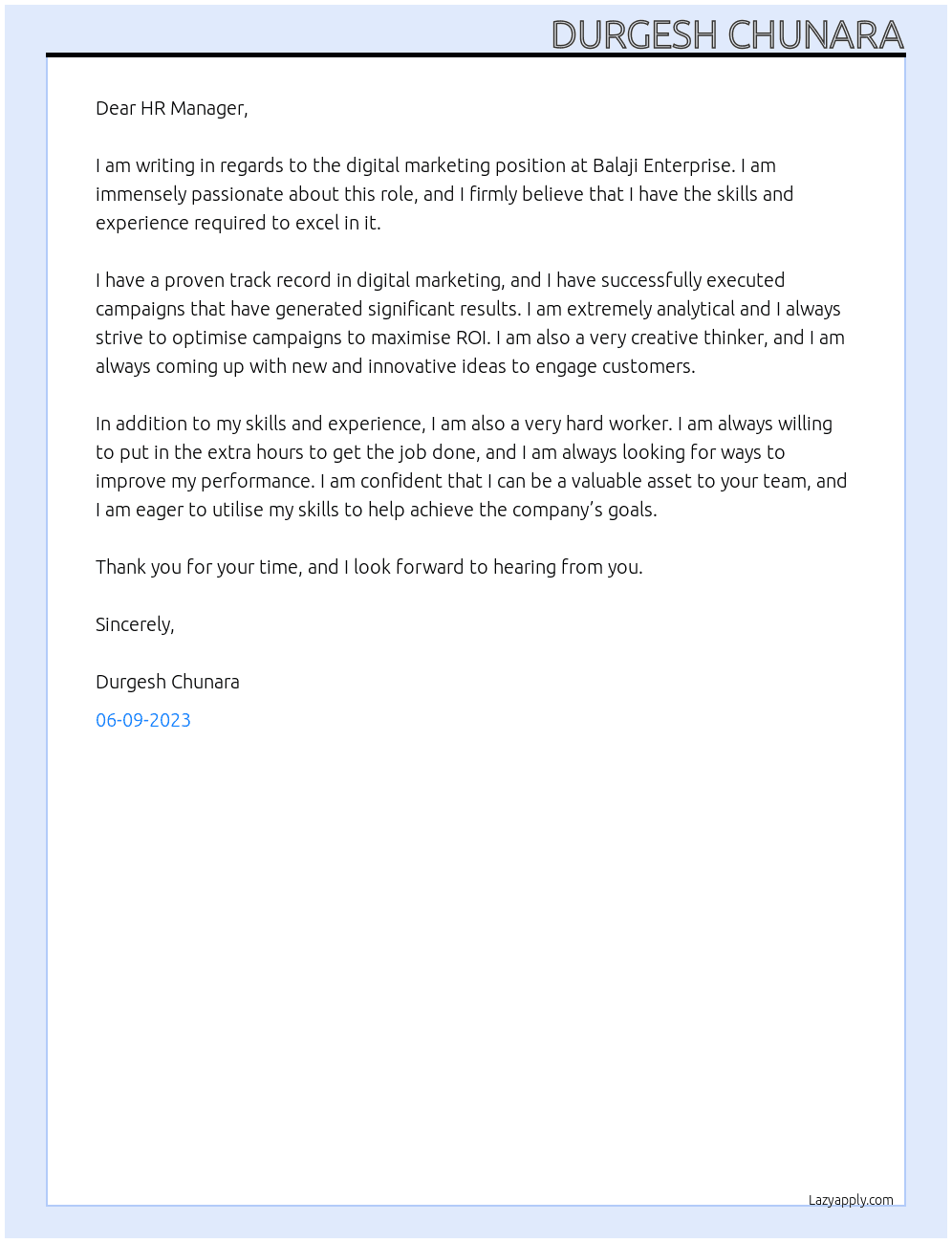 Digital marketing  At Balaji enterprise Cover Letter