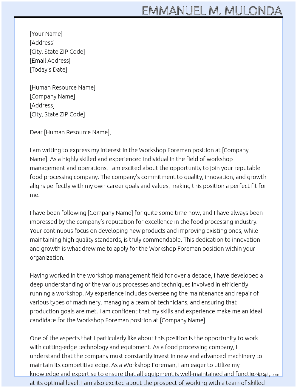 Workshop Foreman At Food processing company Cover Letter