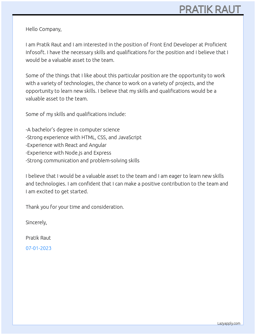 Front end developer  At Proficient Infosoft Cover Letter