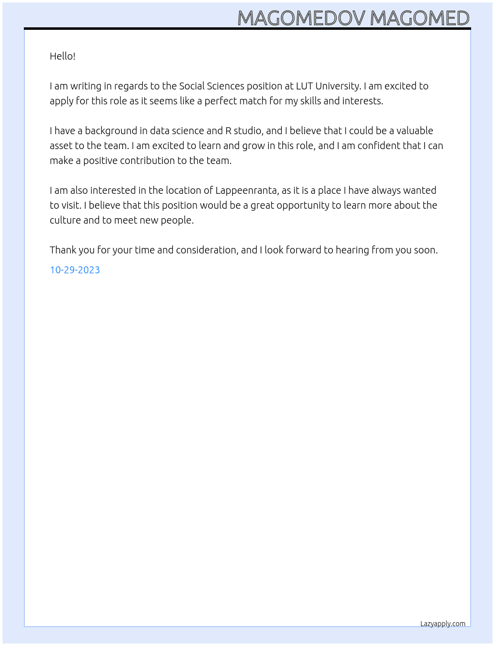 Social Sciences At LUT University Cover Letter