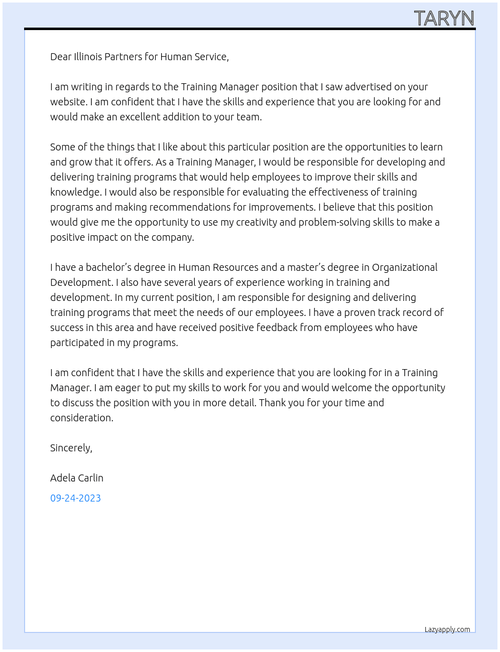 Training Manager At Illinois Partners for Human Service Cover Letter