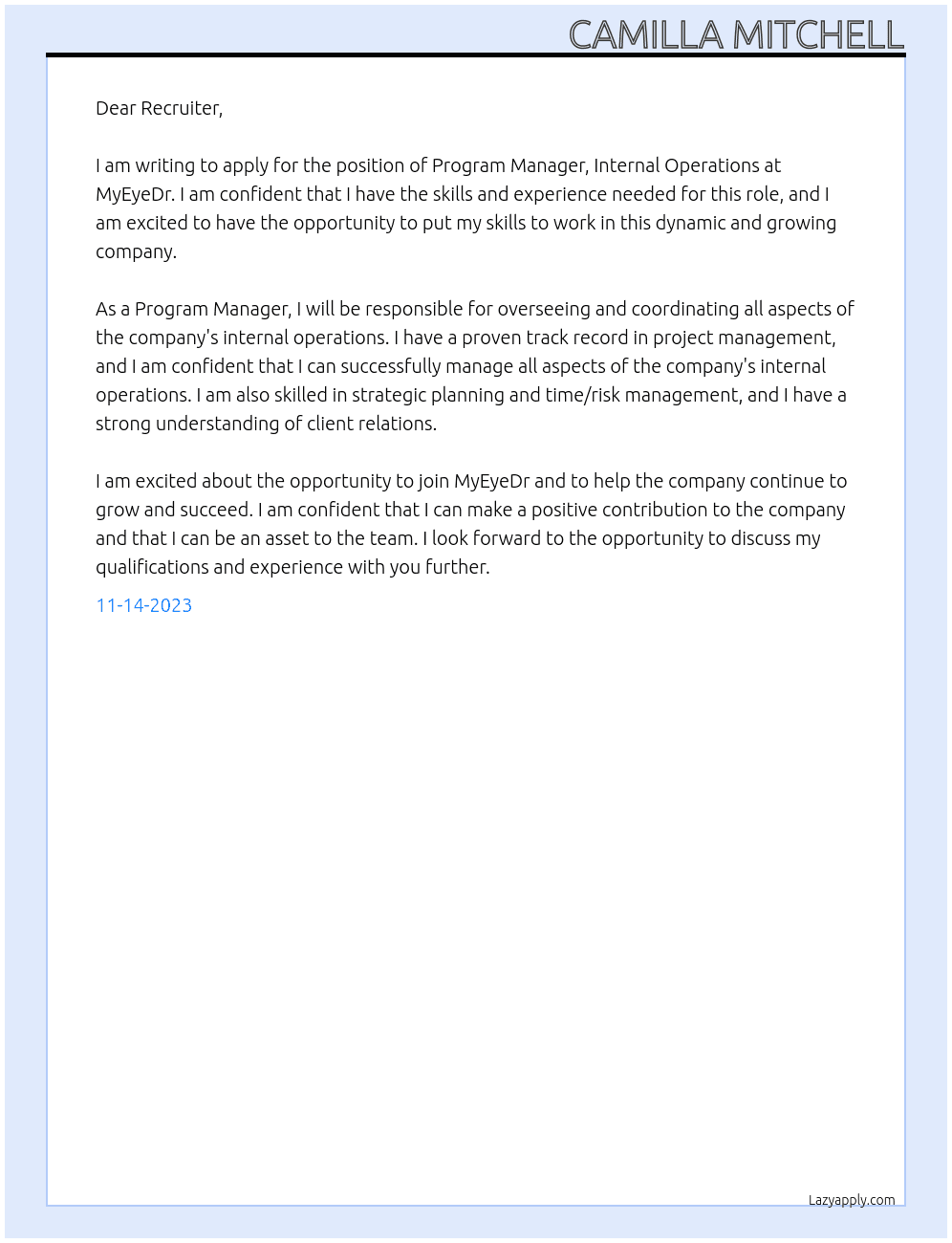Program Manager, Internal Operations At MyEyeDr Cover Letter