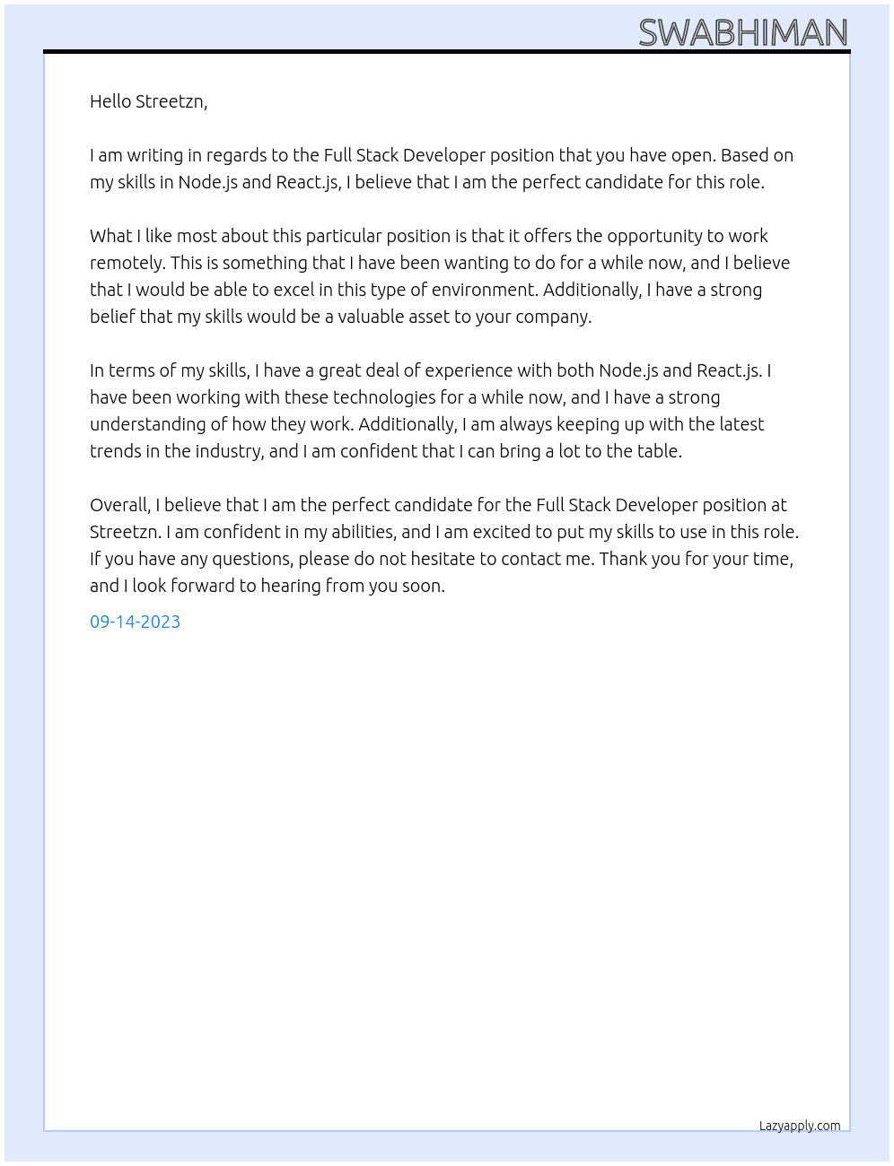 Full stack developer At Streetzn Cover Letter