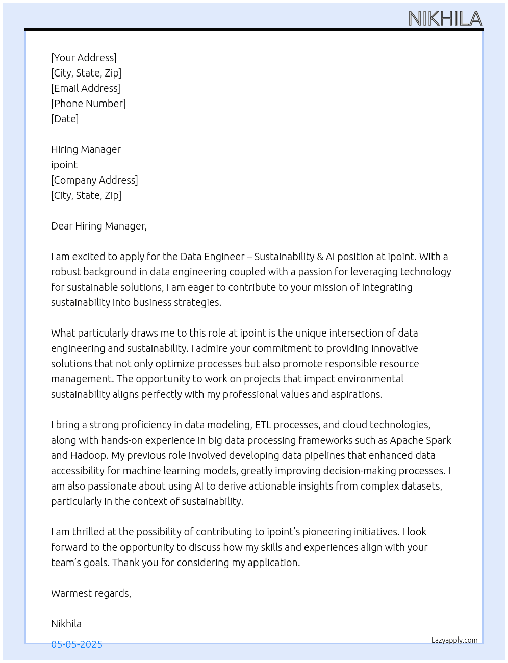 Data Engineer – Sustainability & AI At ipoint Cover Letter