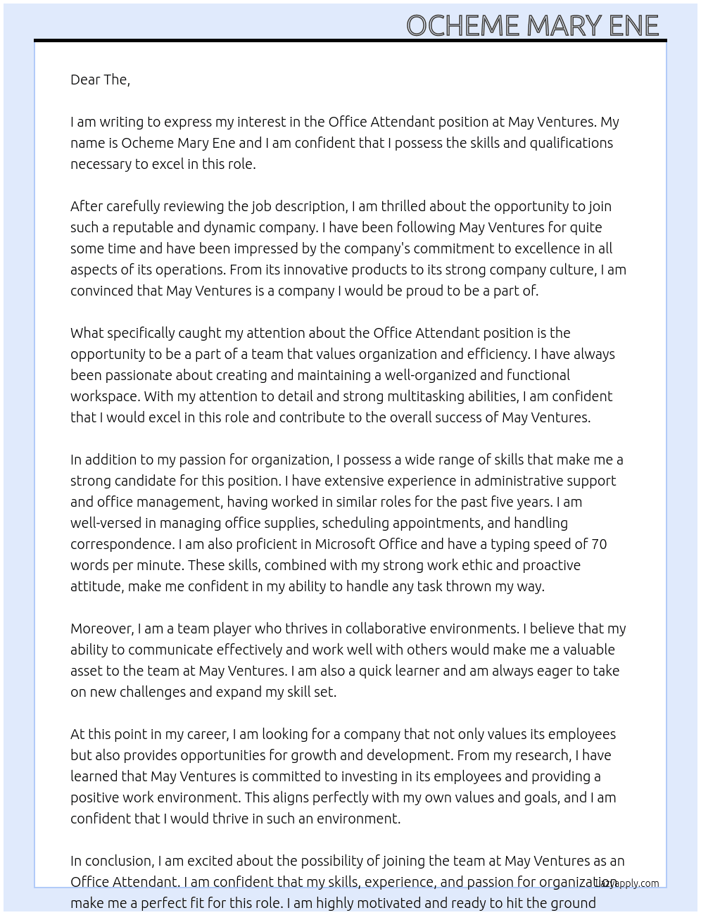 Office Attendant  At May ventures  Cover Letter