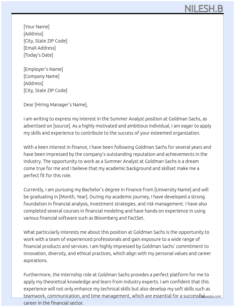 Summer Analyst At GOLDMAN SACHS Cover Letter