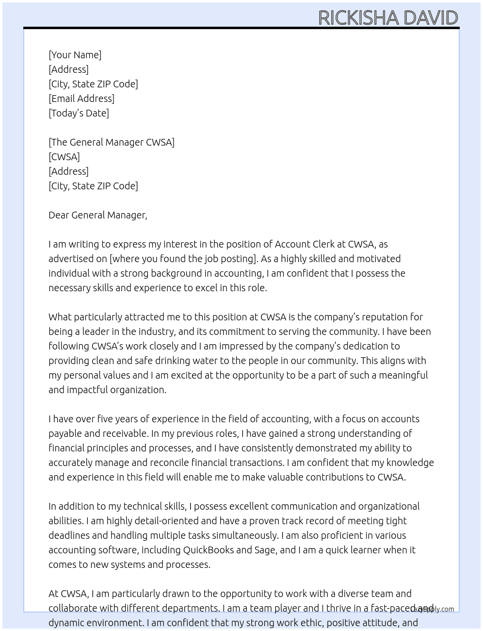 Account Clerk At CWSA Cover Letter