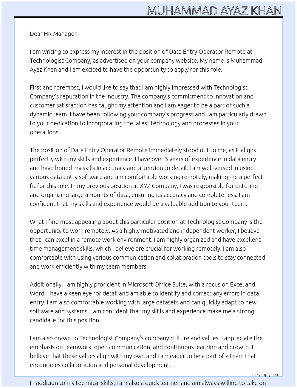 Data Entry Operator Remote  At Technologist Company Cover Letter