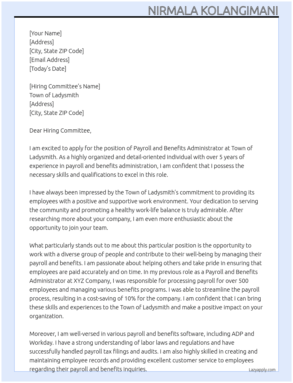 Payroll and Benefits Administrator At Town of Ladysmith Cover Letter