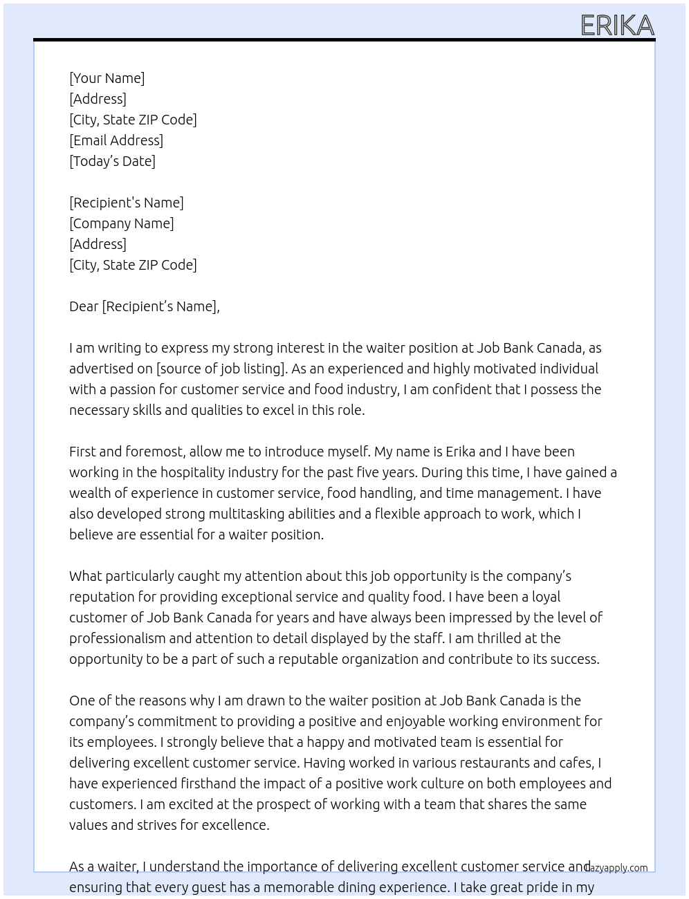 waiter At job bank canada Cover Letter