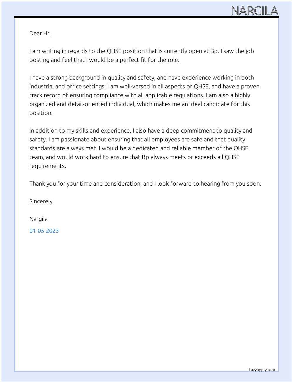 QHSE At Bp Cover Letter
