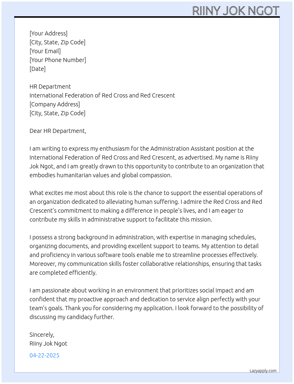 Administration Assistant At International Federation of Red Cross and Red Crescent  Cover Letter