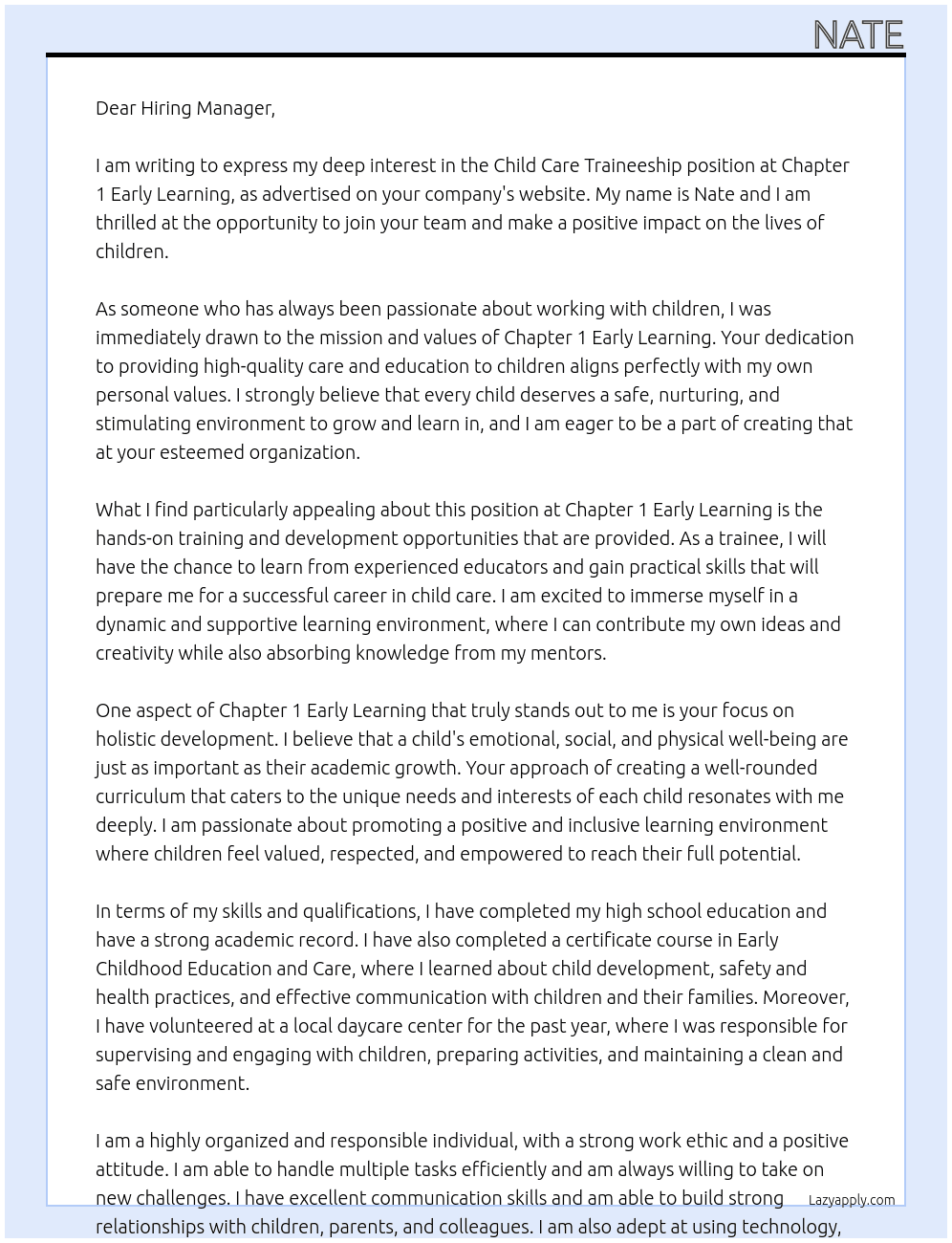 Child Care Traineeship At chapter 1 early learning Cover Letter