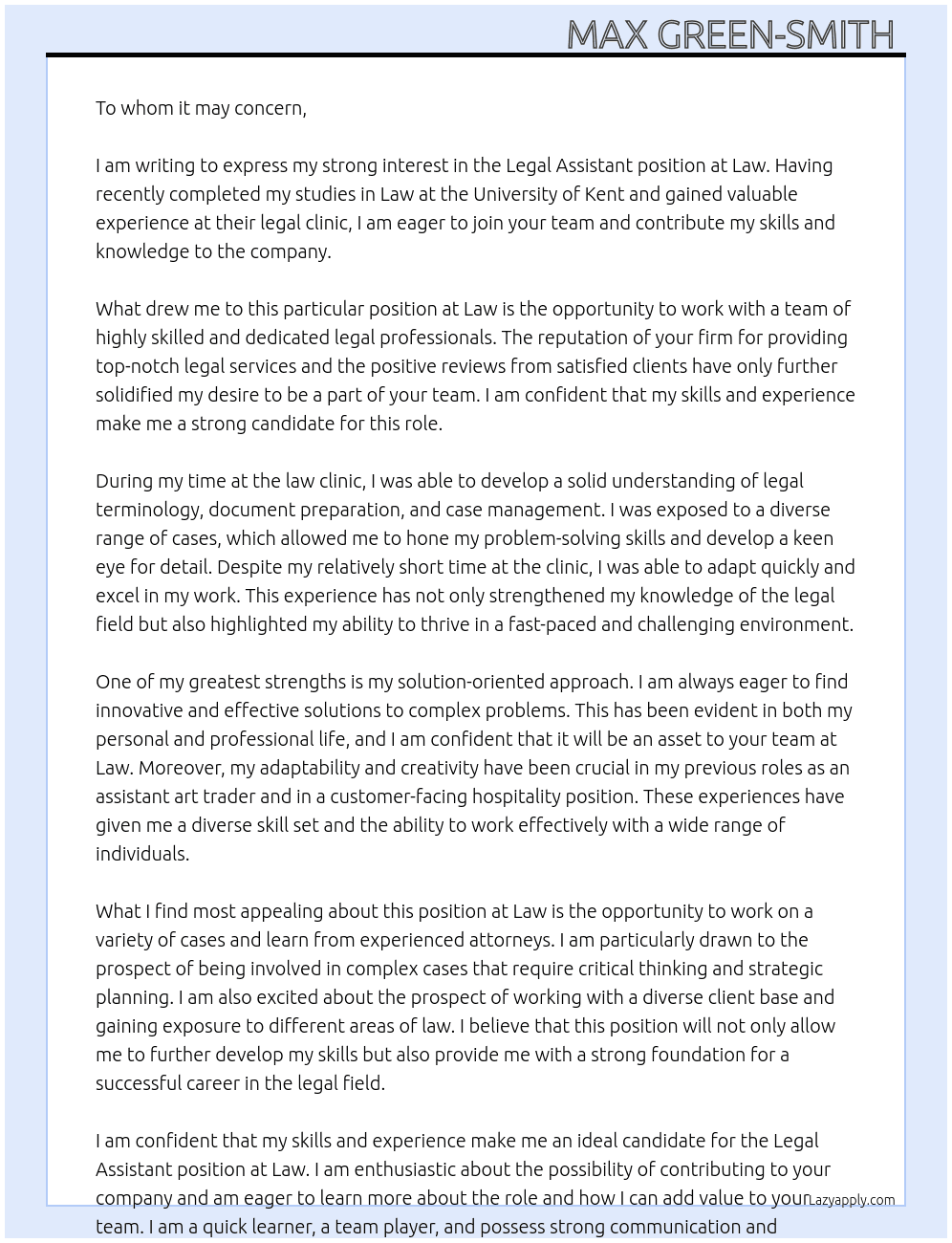 Legal assistant  At Law Cover Letter