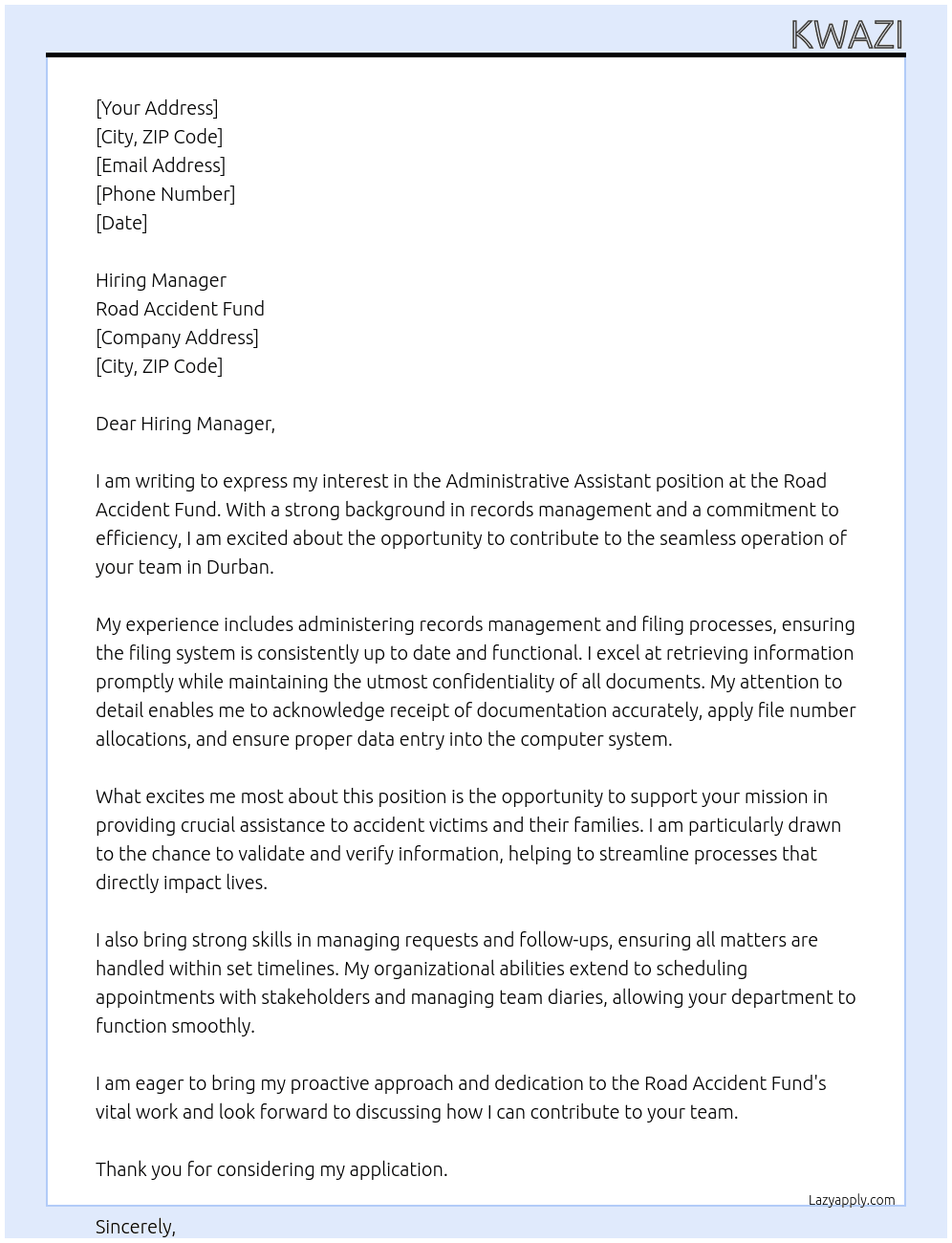 administrative assistant  At Road accident fund  Cover Letter