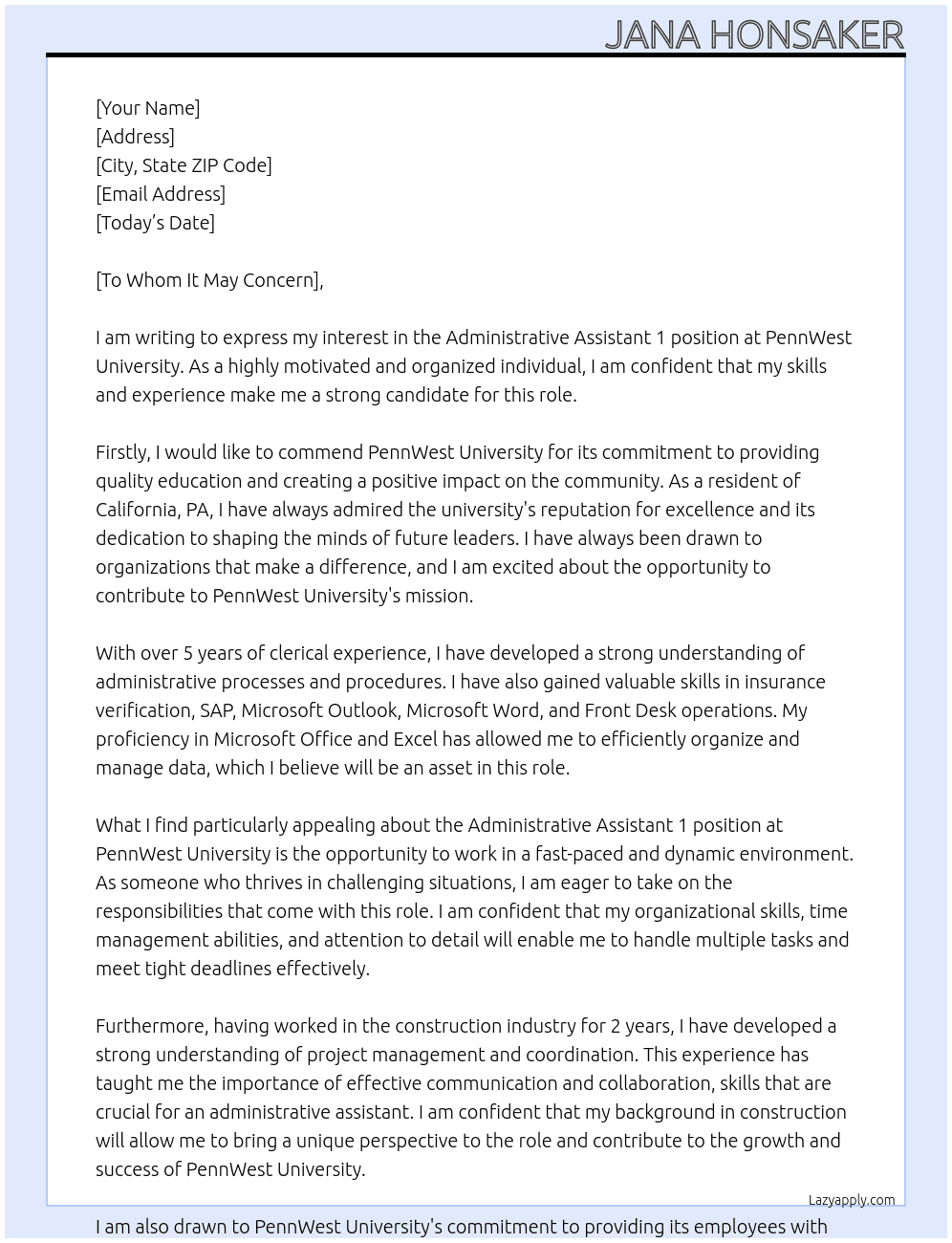 Administrative Assistant 1 At PennWest University Cover Letter