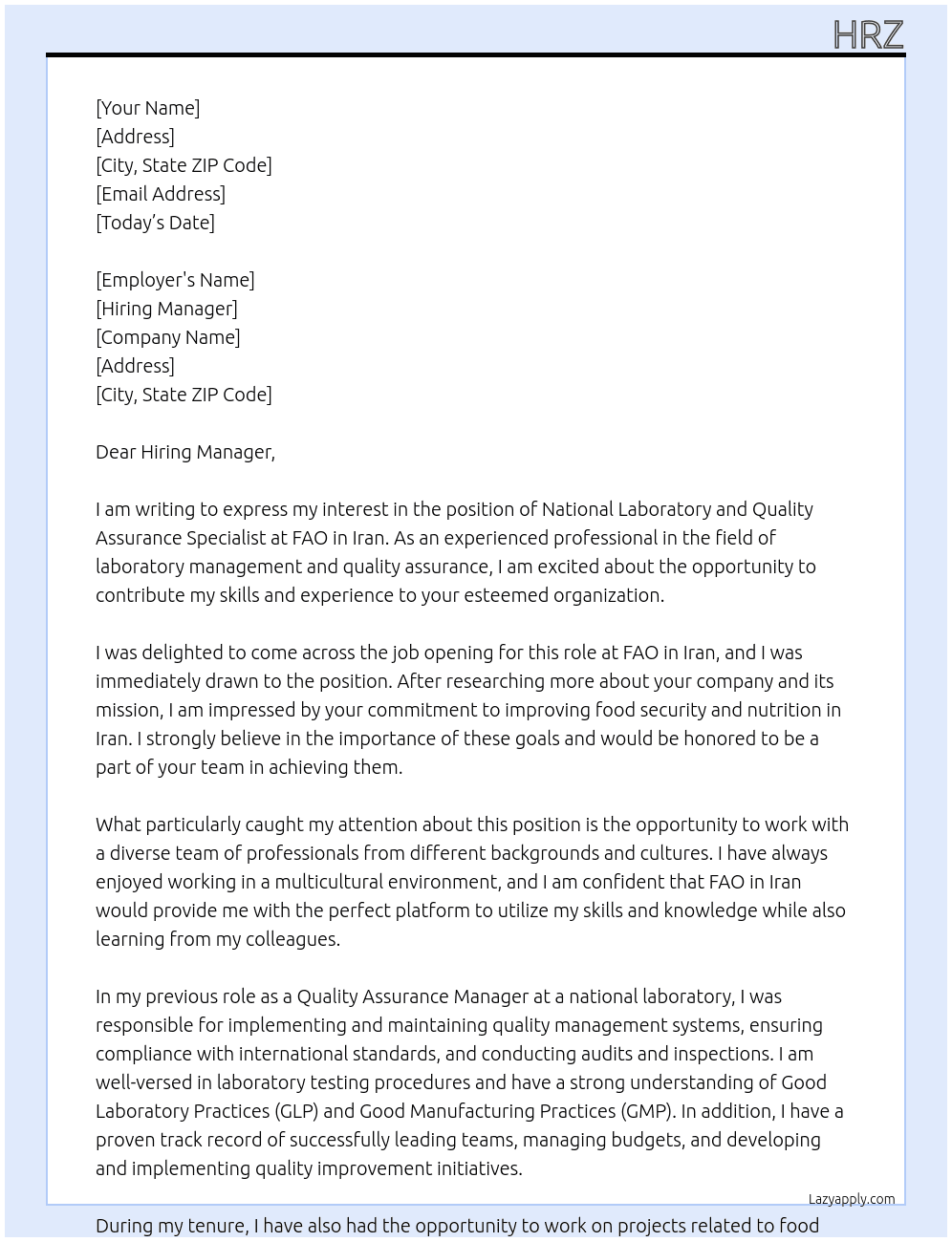 National Laboratory and Quality Assurance Specialist At FAO in Iran Cover Letter