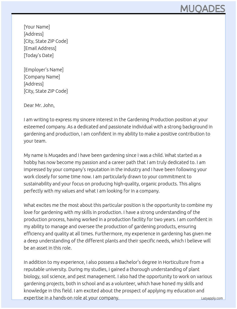 Gardening production At John Cover Letter