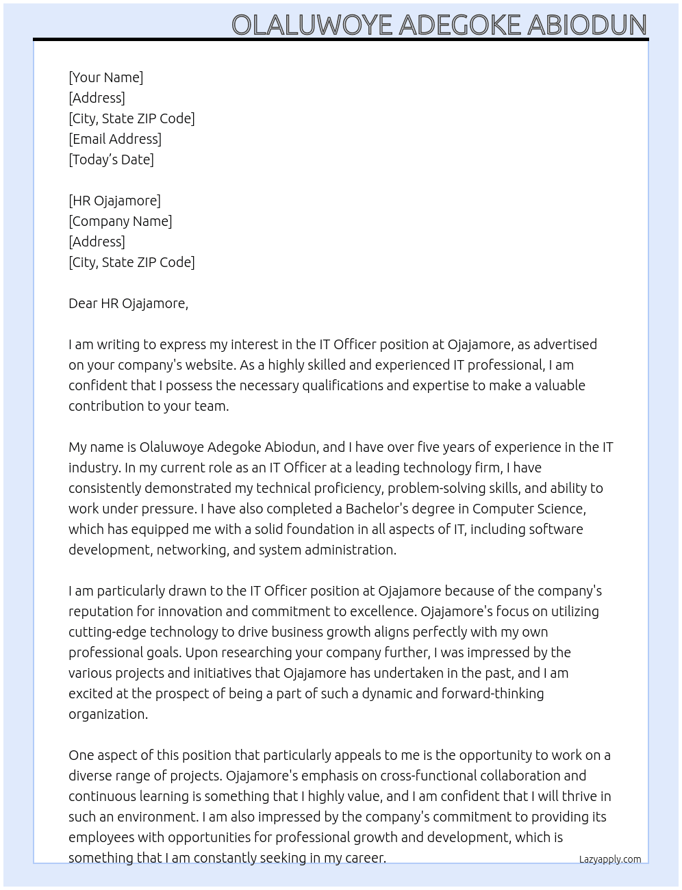 IT Officer At Ojajamore Cover Letter