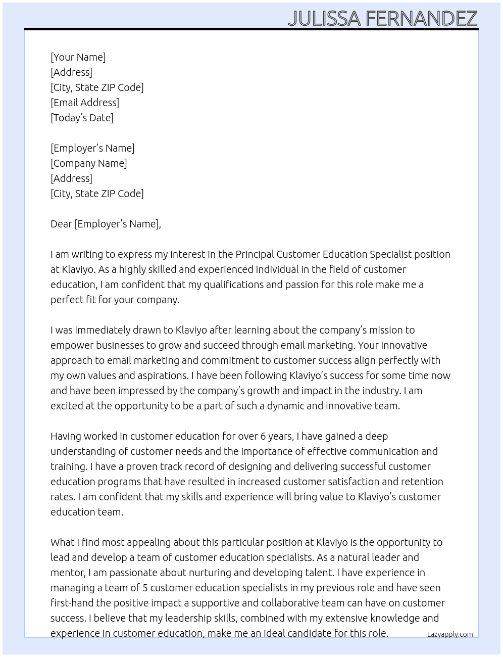 Principal Customer Education Specialist At Klaviyo Cover Letter