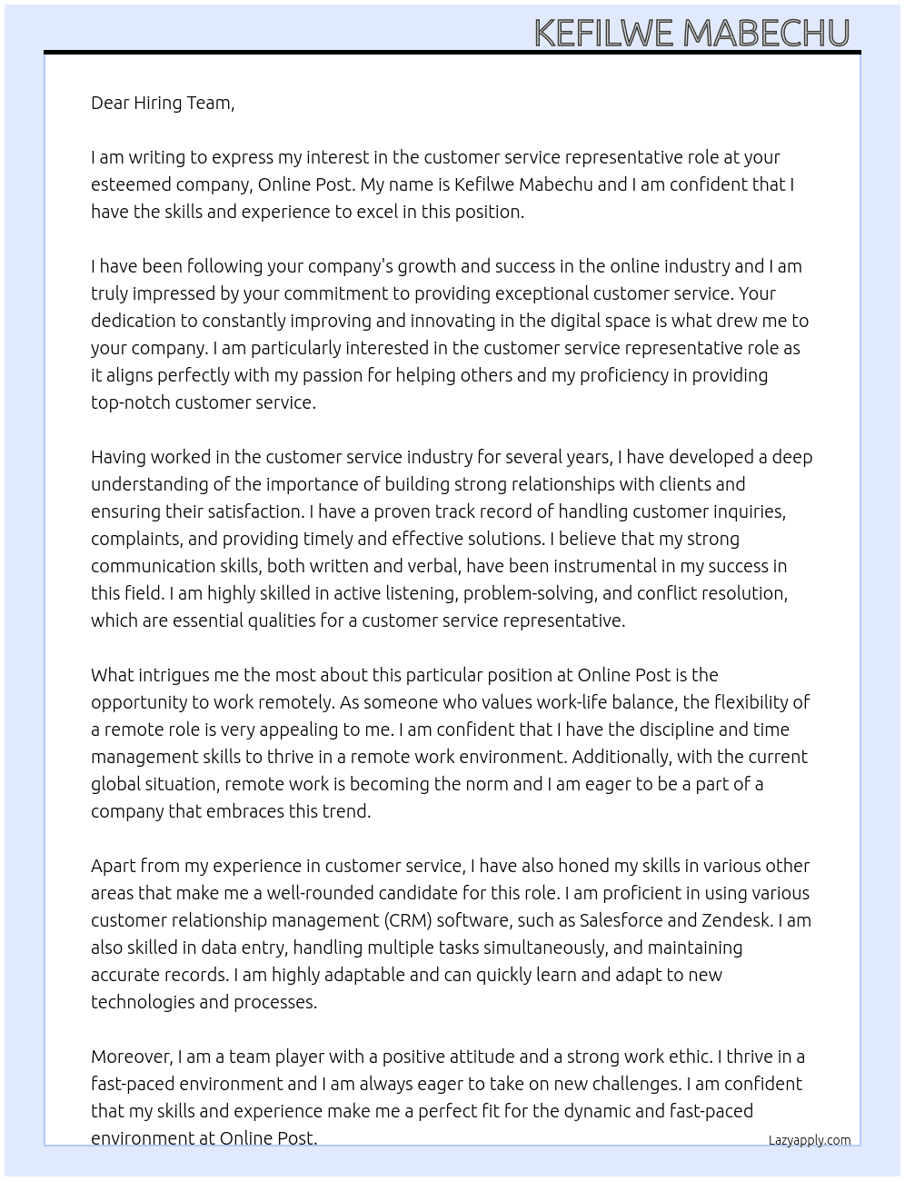 customer service representative At online post Cover Letter