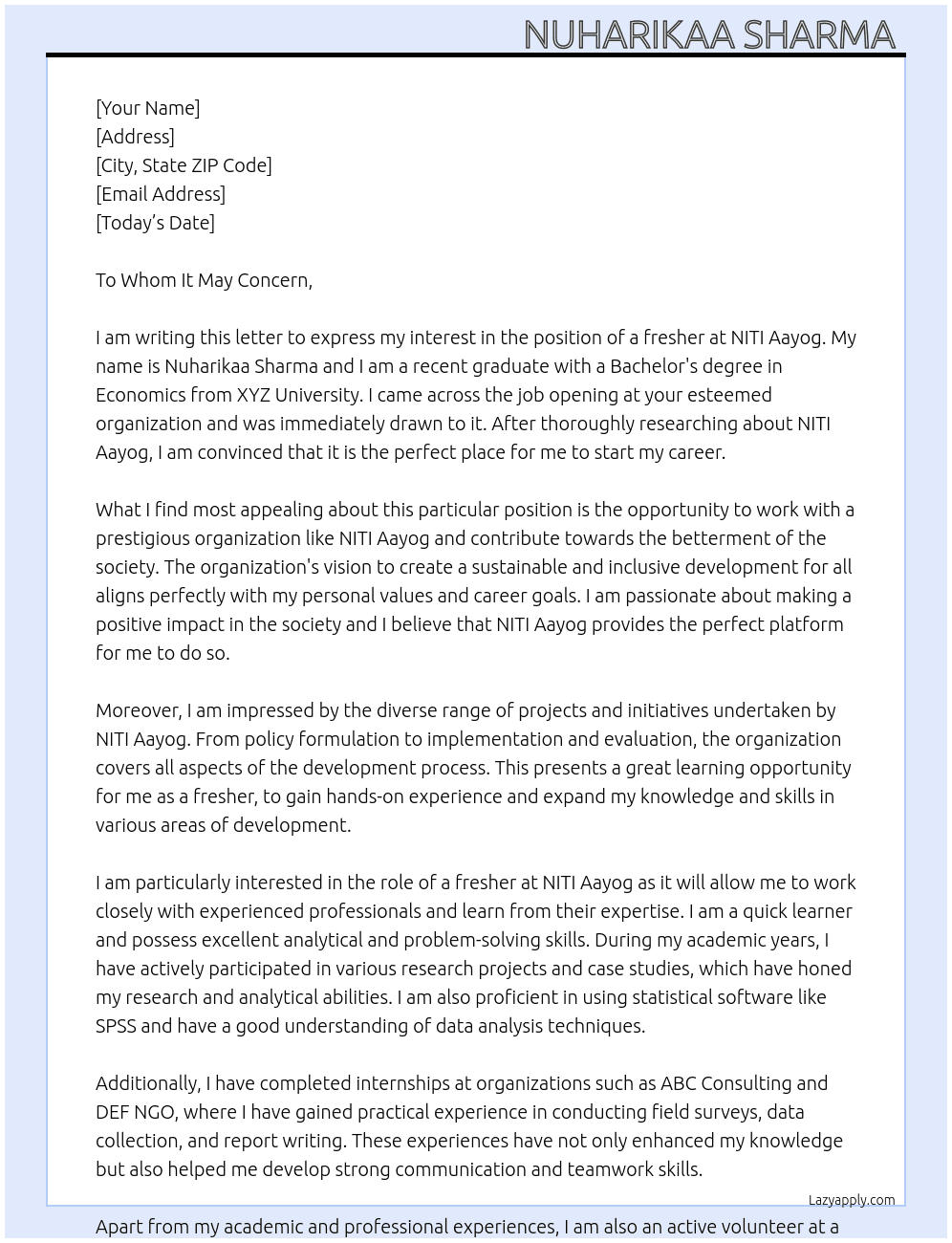 Fresher  At NITI Aayog  Cover Letter