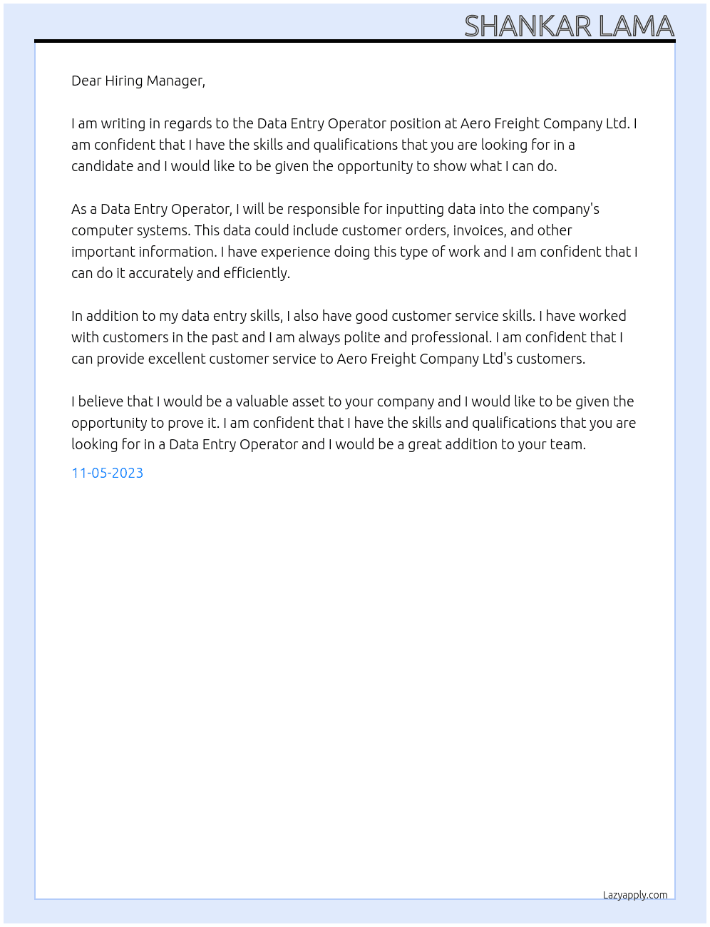 Data Entry Operator At Aero Freight Company Ltd Cover Letter