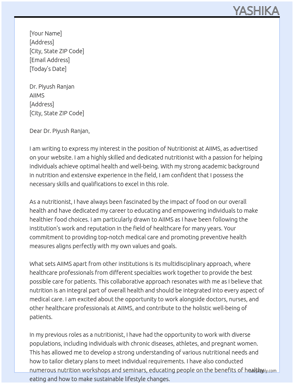 NUTRITIONIST At AIIMS Cover Letter