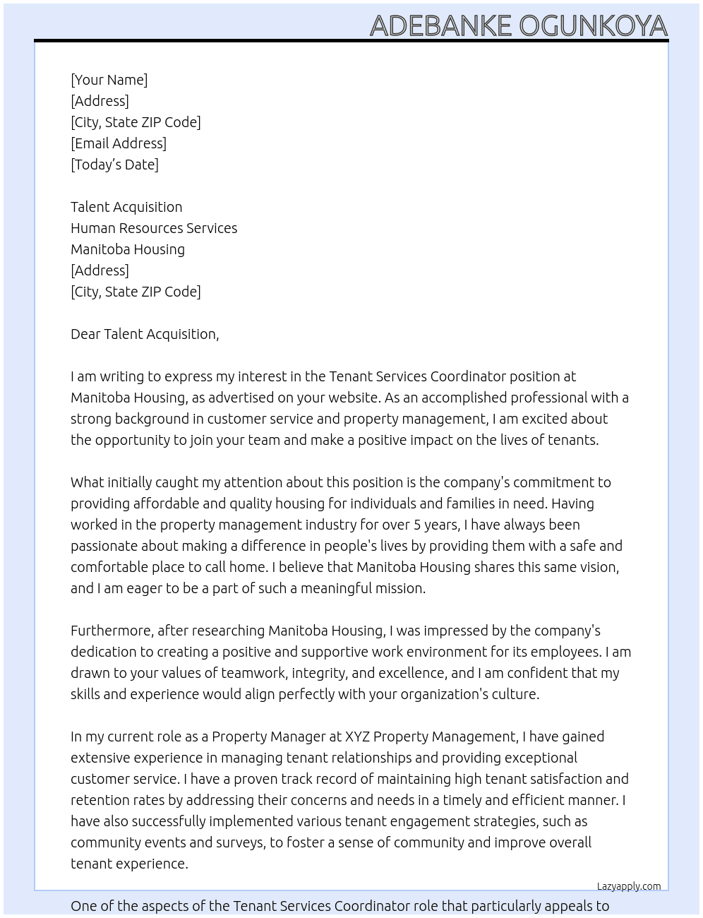 Tenant Services Coordinator At Manitoba Housing Cover Letter